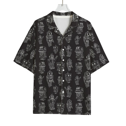 Black And White Robot Pattern Print Rayon Hawaiian Shirt