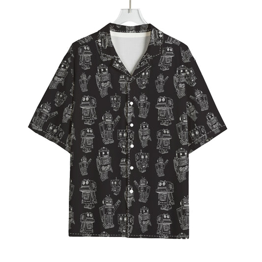 Black And White Robot Pattern Print Rayon Hawaiian Shirt
