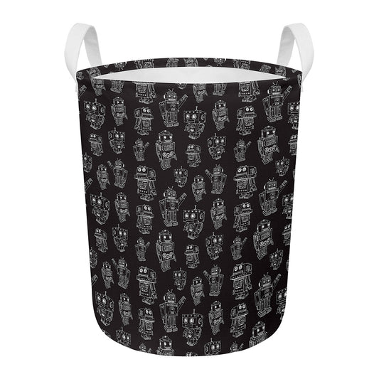Black And White Robot Pattern Print Round Laundry Basket