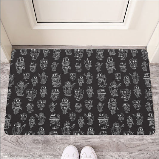Black And White Robot Pattern Print Rubber Doormat