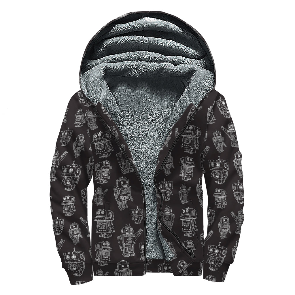 Black And White Robot Pattern Print Sherpa Lined Zip Up Hoodie