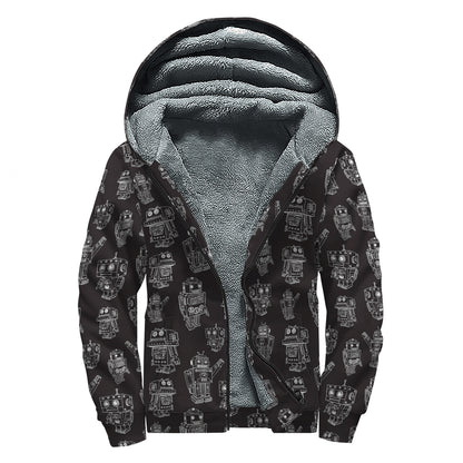 Black And White Robot Pattern Print Sherpa Lined Zip Up Hoodie
