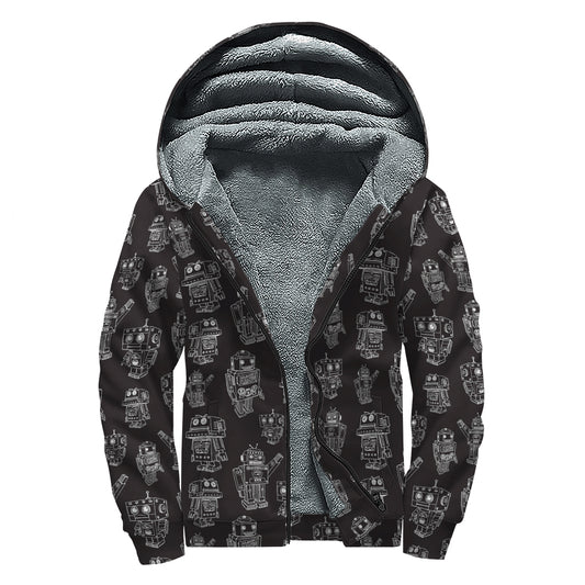 Black And White Robot Pattern Print Sherpa Lined Zip Up Hoodie