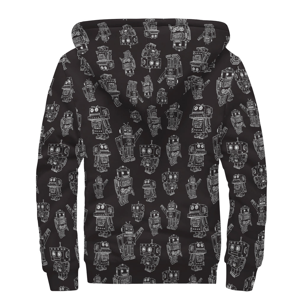 Black And White Robot Pattern Print Sherpa Lined Zip Up Hoodie