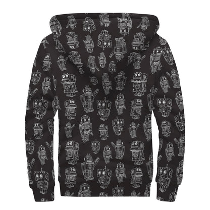 Black And White Robot Pattern Print Sherpa Lined Zip Up Hoodie