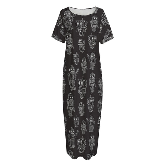 Black And White Robot Pattern Print Short Sleeve Long Nightdress