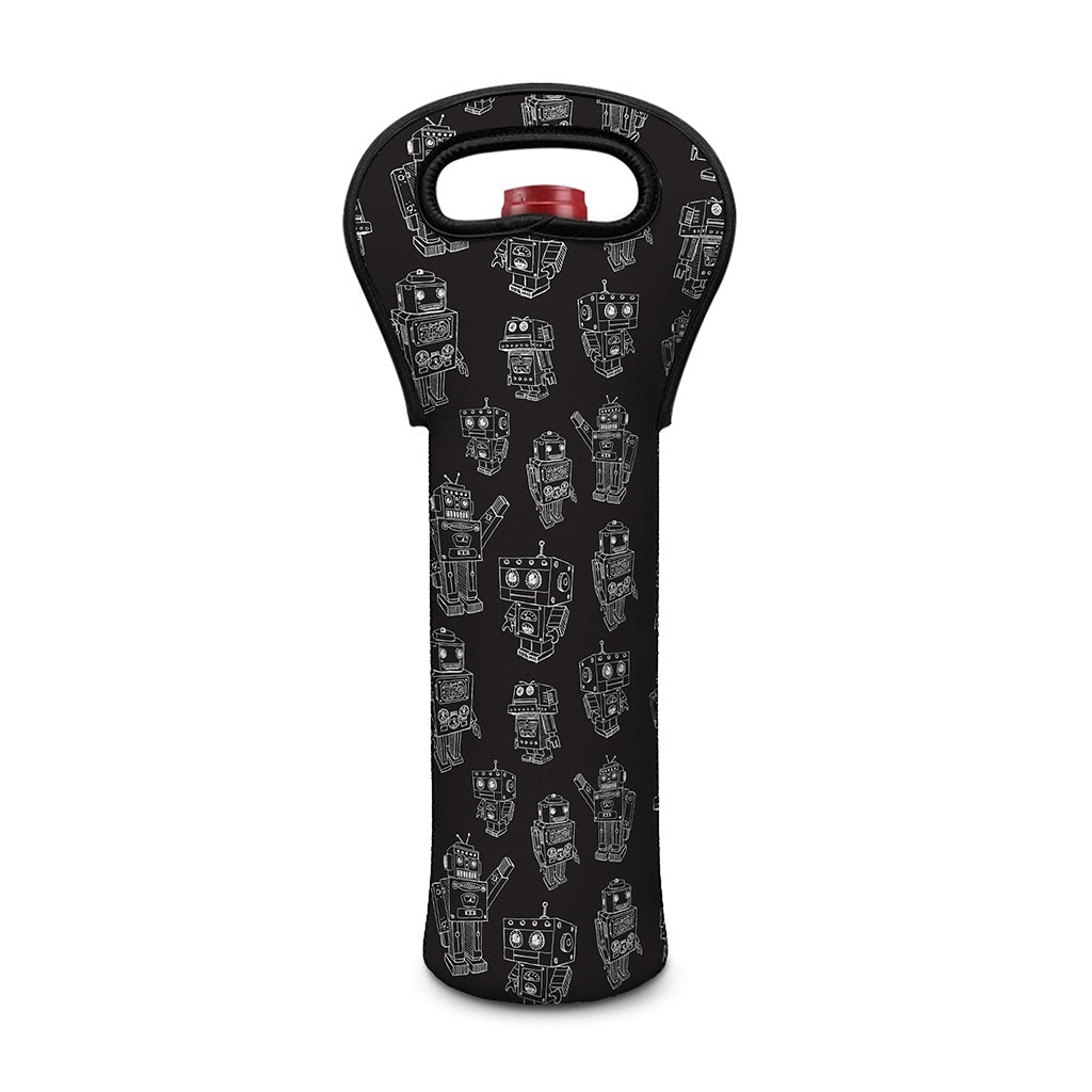 Black And White Robot Pattern Print Single Neoprene Wine Tote