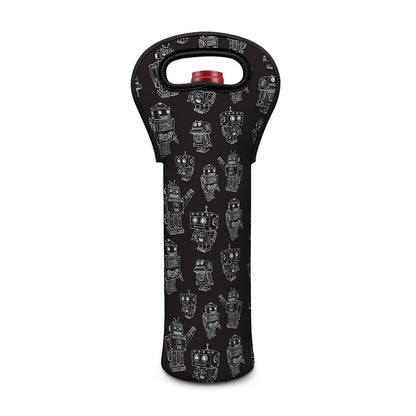 Black And White Robot Pattern Print Single Neoprene Wine Tote