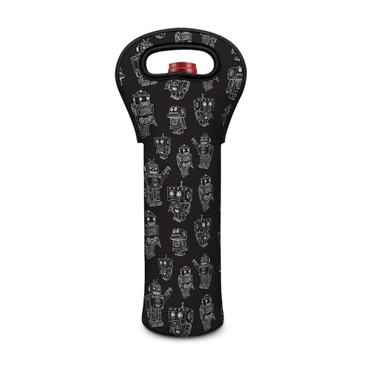 Black And White Robot Pattern Print Single Neoprene Wine Tote