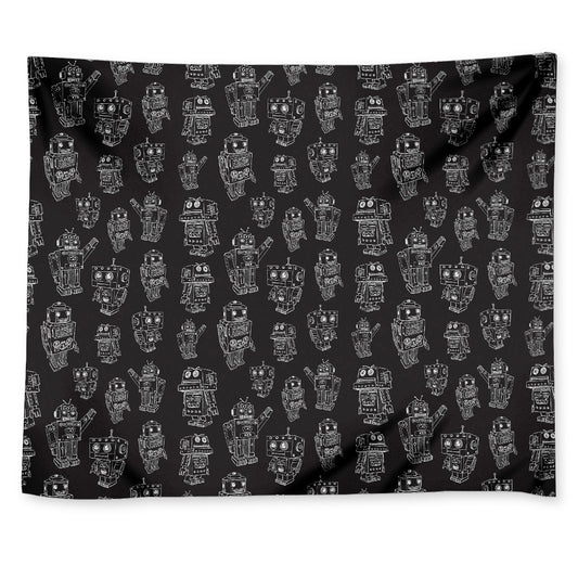 Black And White Robot Pattern Print Tapestry
