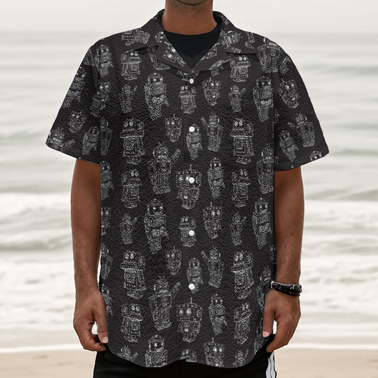 Black And White Robot Pattern Print Textured Short Sleeve Shirt