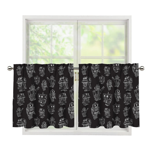 Black And White Robot Pattern Print Tier Curtains