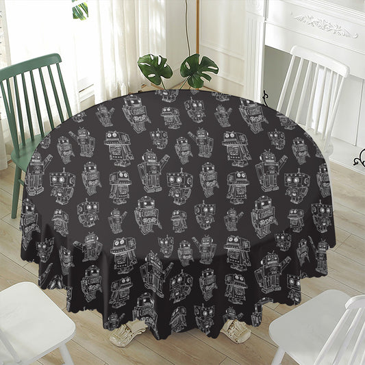 Black And White Robot Pattern Print Waterproof Round Tablecloth