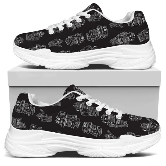 Black And White Robot Pattern Print White Chunky Shoes