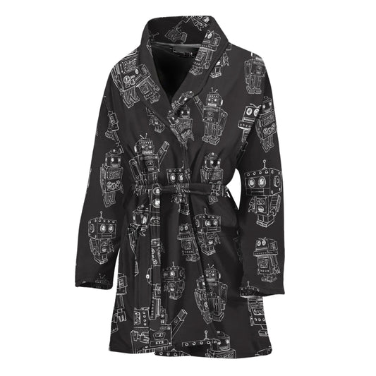 Black And White Robot Pattern Print Women's Bathrobe