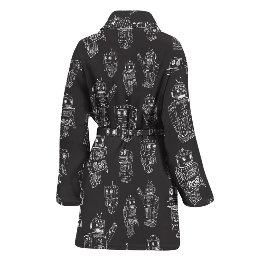 Black And White Robot Pattern Print Women's Bathrobe