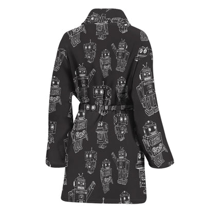 Black And White Robot Pattern Print Women's Bathrobe