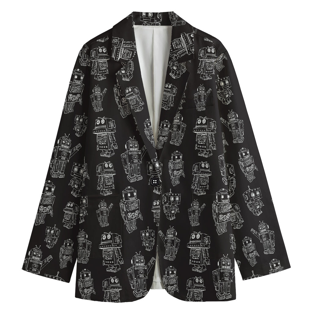 Black And White Robot Pattern Print Women's Cotton Blazer