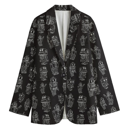 Black And White Robot Pattern Print Women's Cotton Blazer