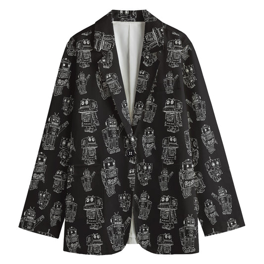Black And White Robot Pattern Print Women's Cotton Blazer
