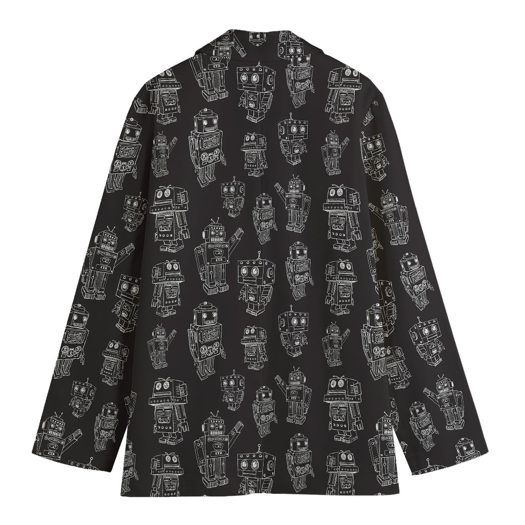 Black And White Robot Pattern Print Women's Cotton Blazer