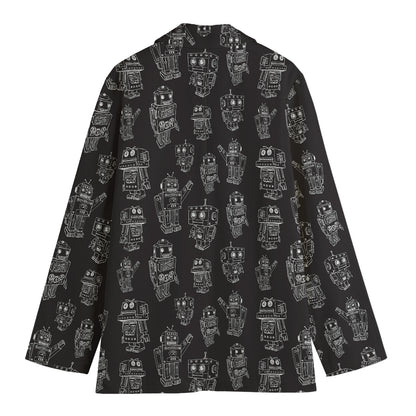Black And White Robot Pattern Print Women's Cotton Blazer