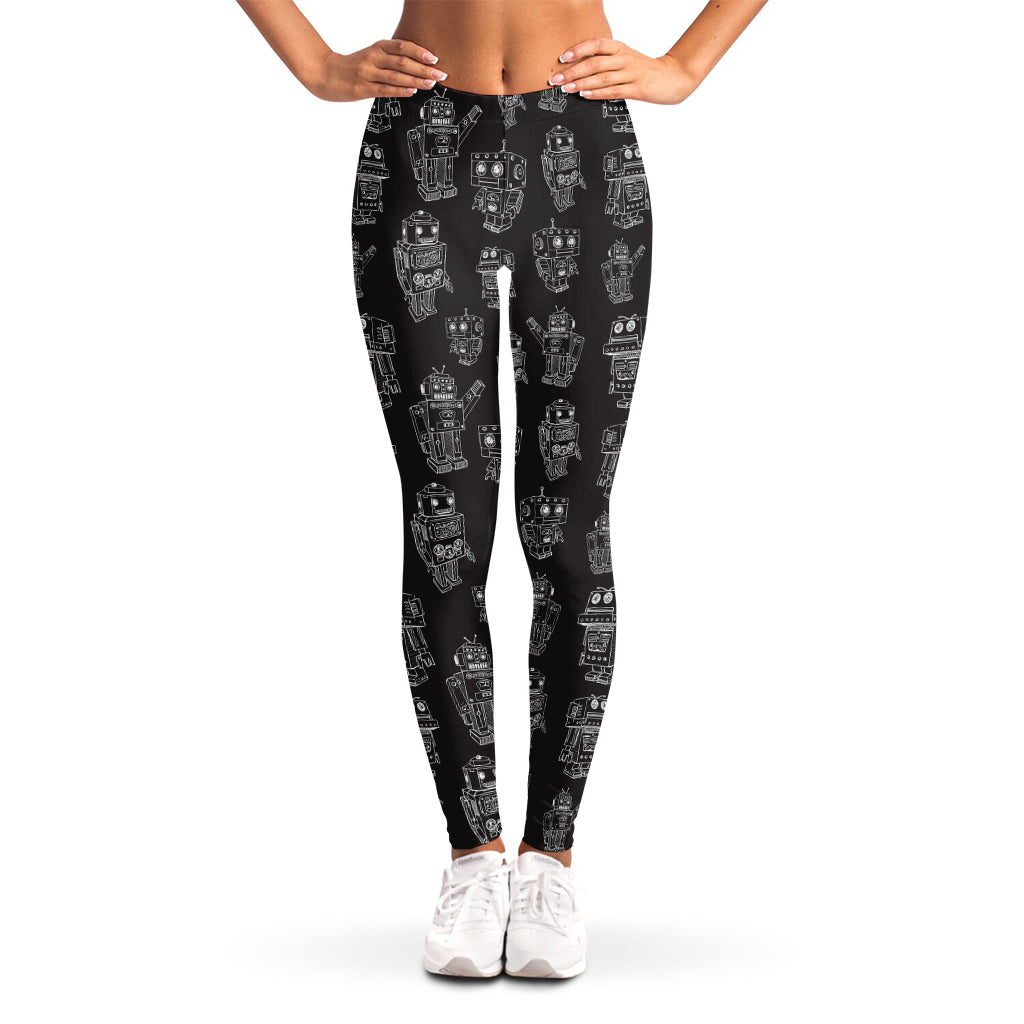 Black And White Robot Pattern Print Women's Leggings