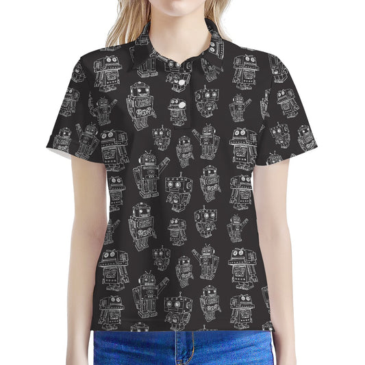 Black And White Robot Pattern Print Women's Polo Shirt