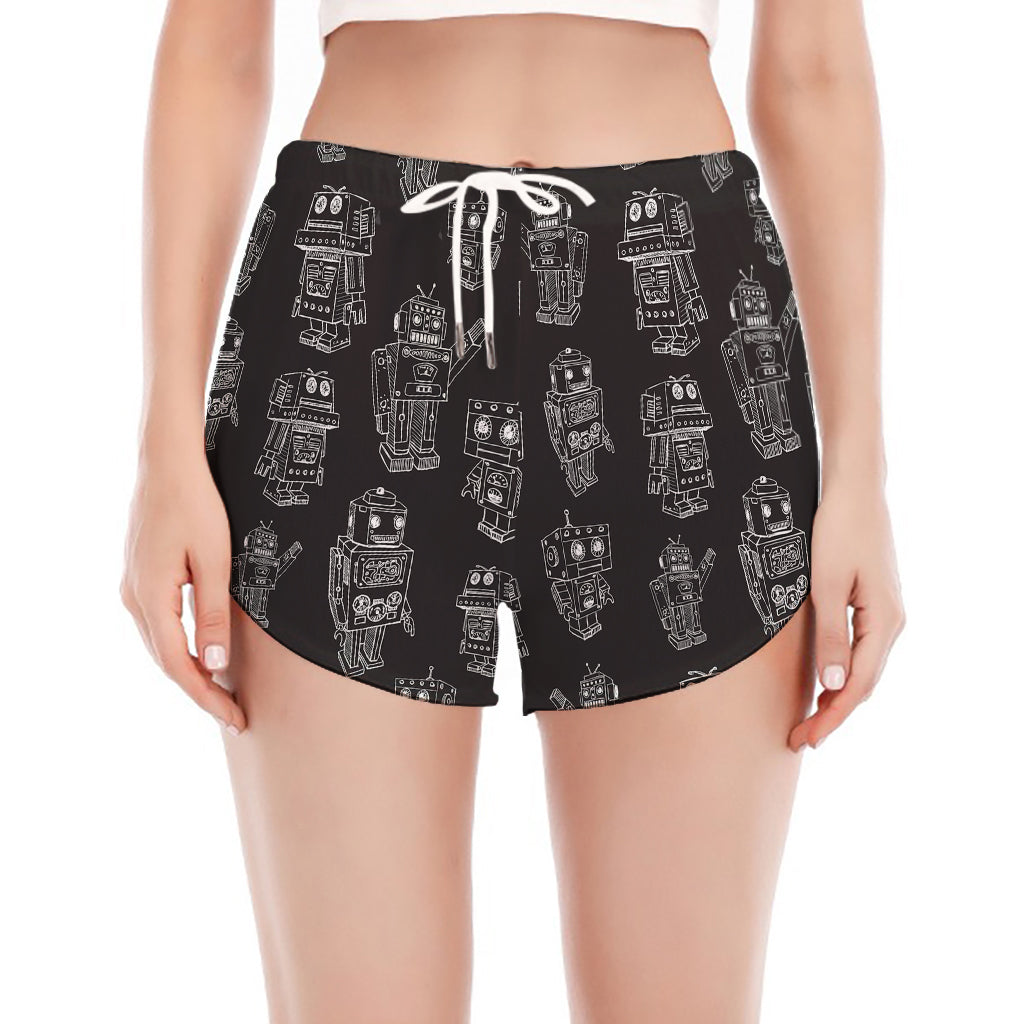 Black And White Robot Pattern Print Women's Split Running Shorts