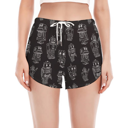 Black And White Robot Pattern Print Women's Split Running Shorts