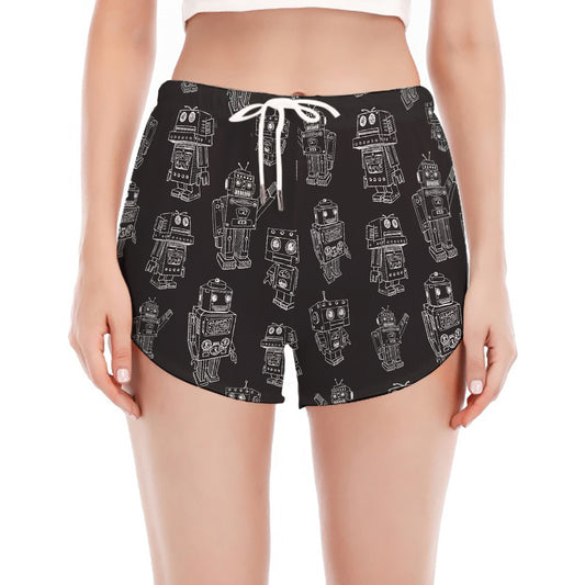Black And White Robot Pattern Print Women's Split Running Shorts