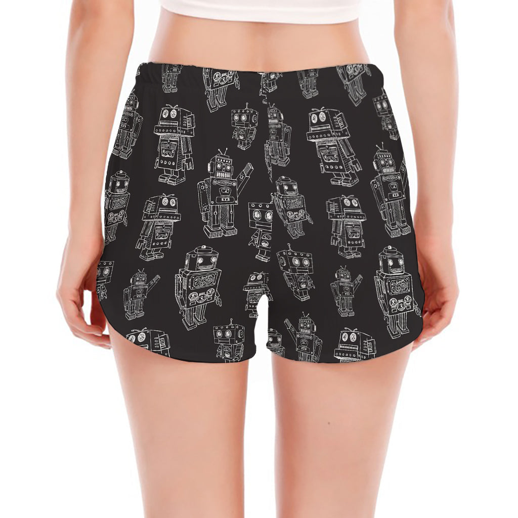 Black And White Robot Pattern Print Women's Split Running Shorts