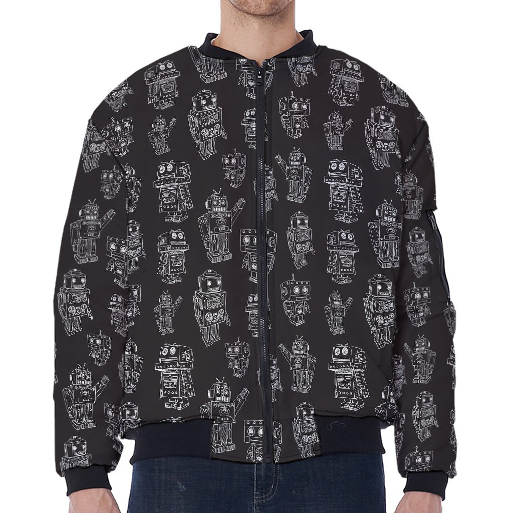 Black And White Robot Pattern Print Zip Sleeve Bomber Jacket