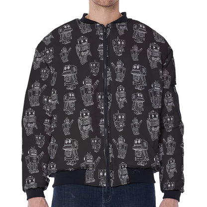 Black And White Robot Pattern Print Zip Sleeve Bomber Jacket