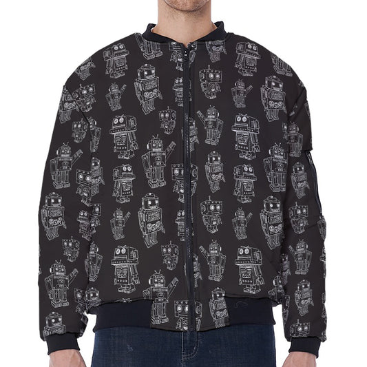 Black And White Robot Pattern Print Zip Sleeve Bomber Jacket