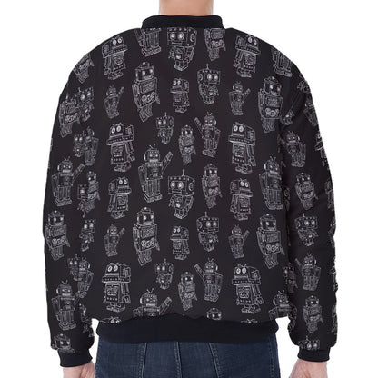 Black And White Robot Pattern Print Zip Sleeve Bomber Jacket