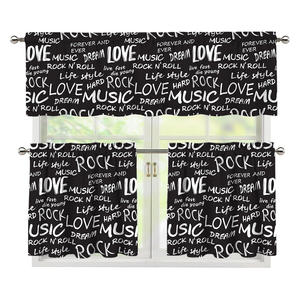 Black And White Rock And Roll Print 3 Piece Kitchen Curtains