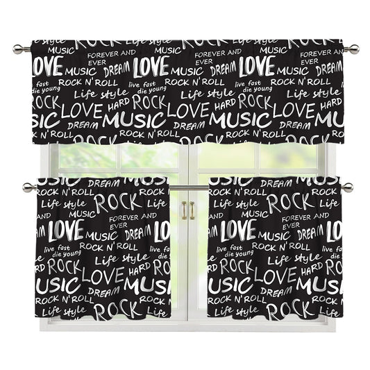 Black And White Rock And Roll Print 3 Piece Kitchen Curtains