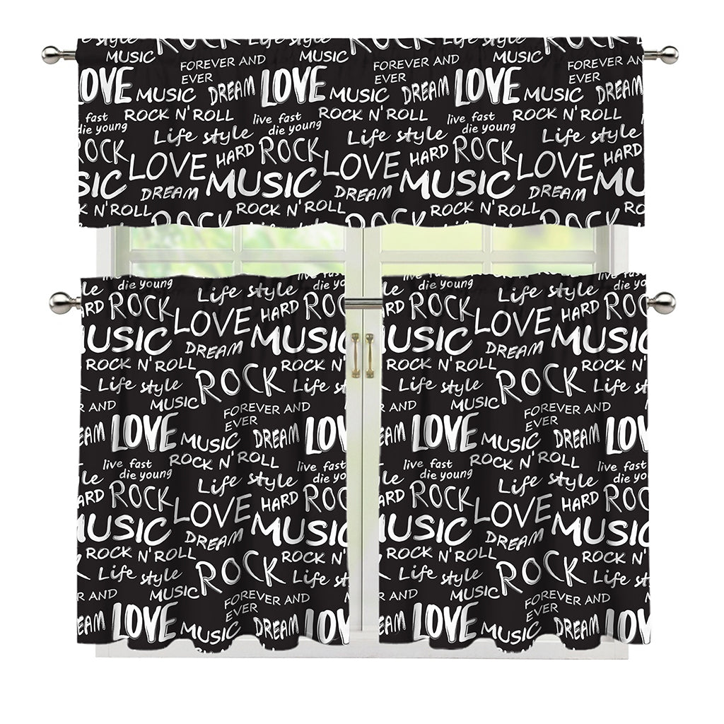 Black And White Rock And Roll Print 3 Piece Kitchen Curtains