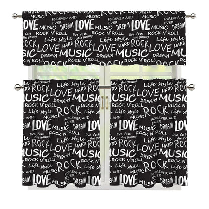 Black And White Rock And Roll Print 3 Piece Kitchen Curtains