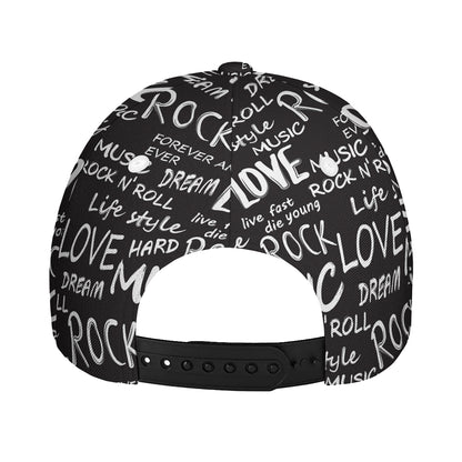 Black And White Rock And Roll Print Baseball Cap