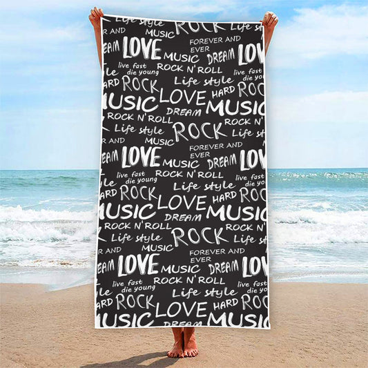 Black And White Rock And Roll Print Beach Towel