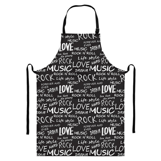 Black And White Rock And Roll Print Bib Apron With Pocket