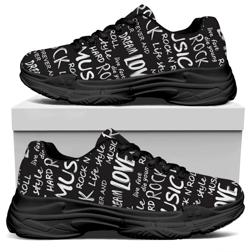 Black And White Rock And Roll Print Black Chunky Shoes
