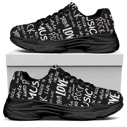 Black And White Rock And Roll Print Black Chunky Shoes