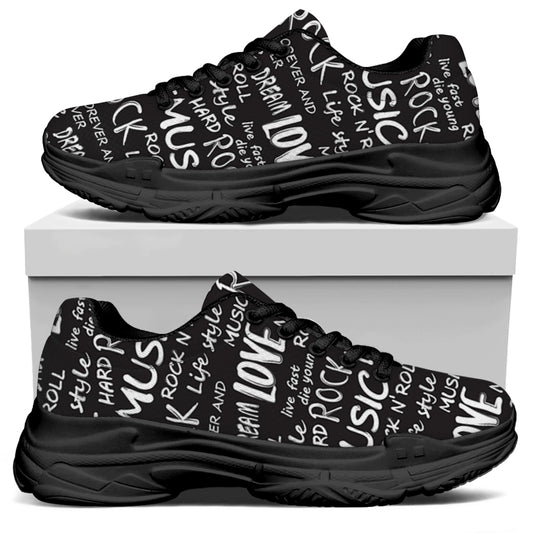Black And White Rock And Roll Print Black Chunky Shoes