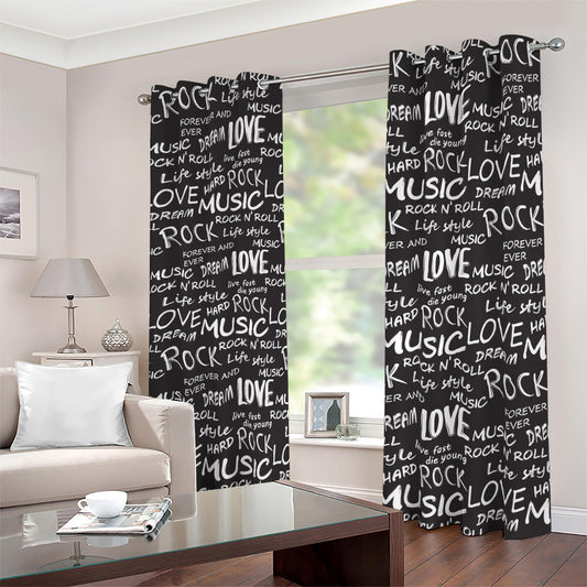 Black And White Rock And Roll Print Blackout Grommet Curtains