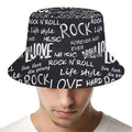 Black And White Rock And Roll Print Bucket Hat