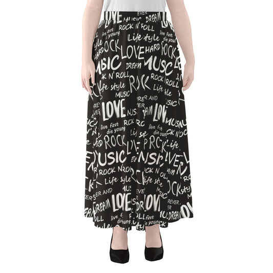 Black And White Rock And Roll Print Chiffon Maxi Skirt