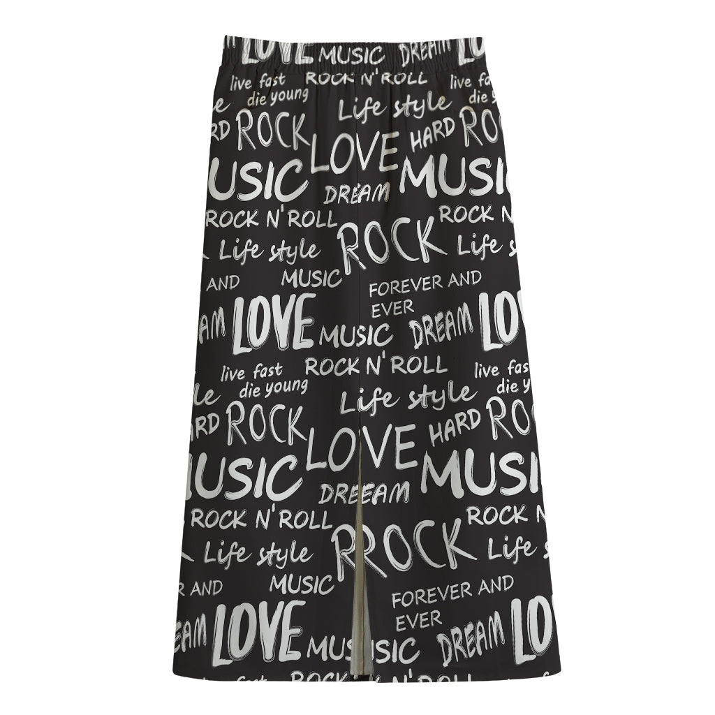 Black And White Rock And Roll Print Cotton Front Slit Maxi Skirt